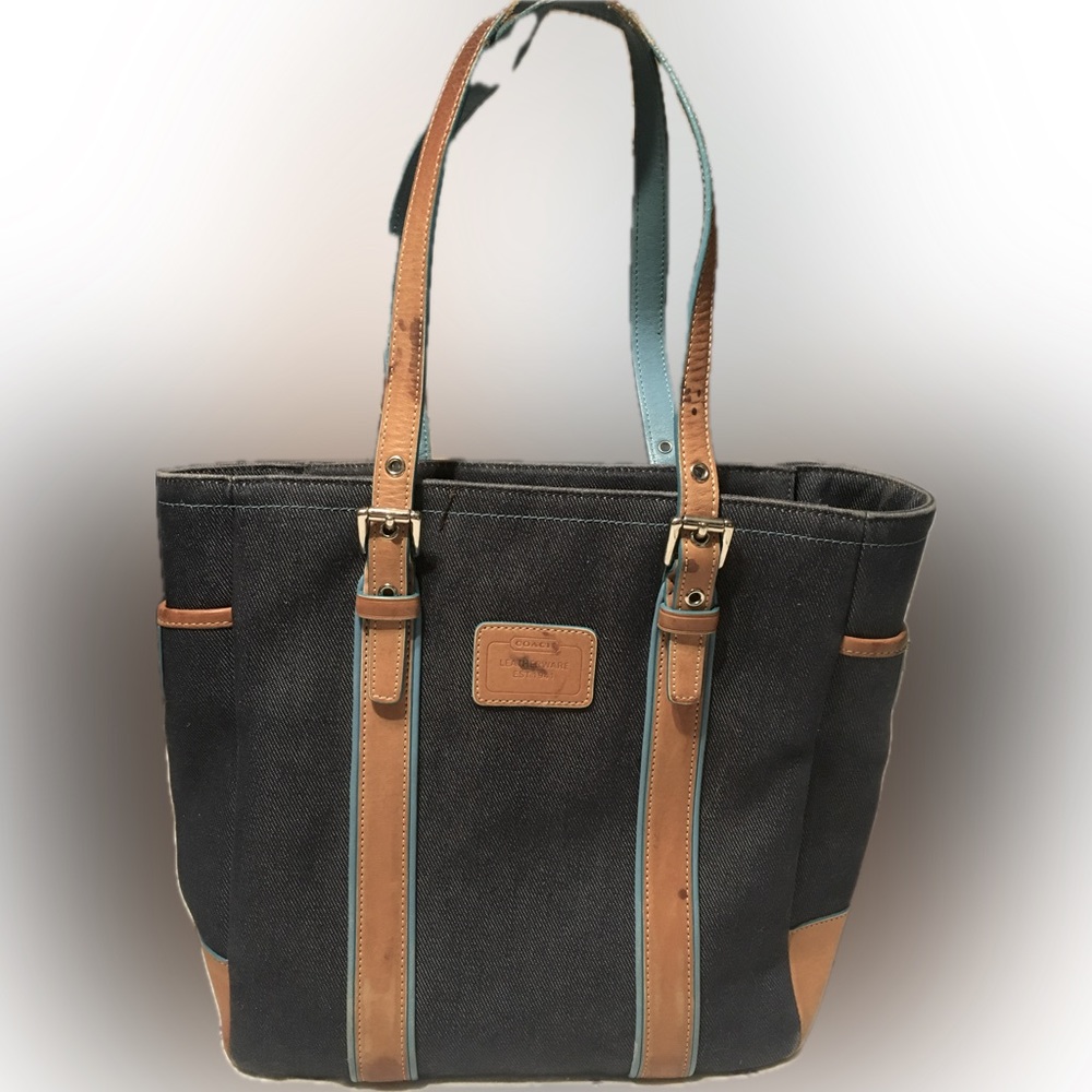 COACH Denim & Leather Trim Tote Handbag RARE